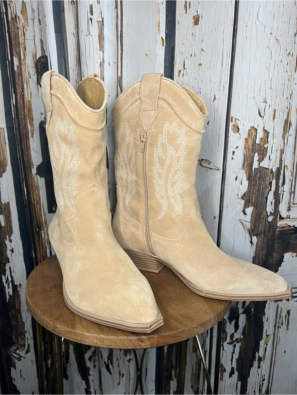 Beige Suede Western Booties with Embroidered Detail
